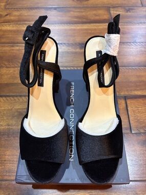 French Connection Black Velvet Open-Toe Ankle-Strap Heels